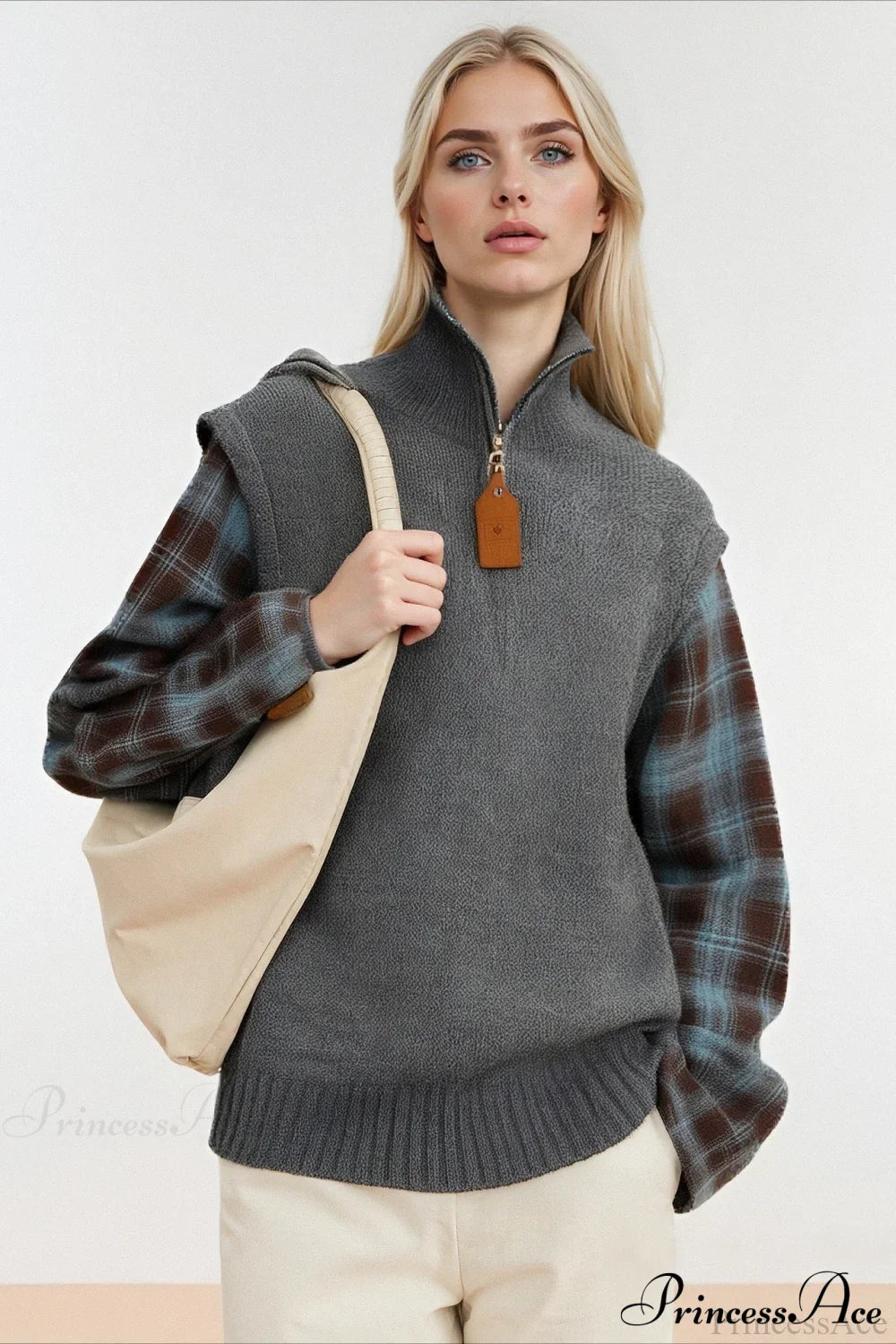 PrincessAce Stylish Plaid Contrast Half Zip Sweater Top