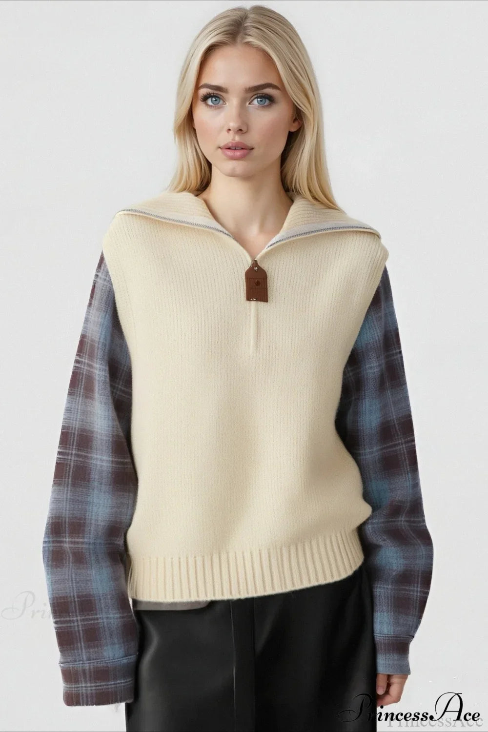 Fake Two Piece Plaid Contrast Half Zip Collared Sweater Beige / One Size
