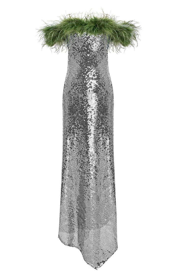 Fantastic Feather Trim Off Shoulder Asymmetric Mermaid Sequin Dress - Silver - Fashionpara