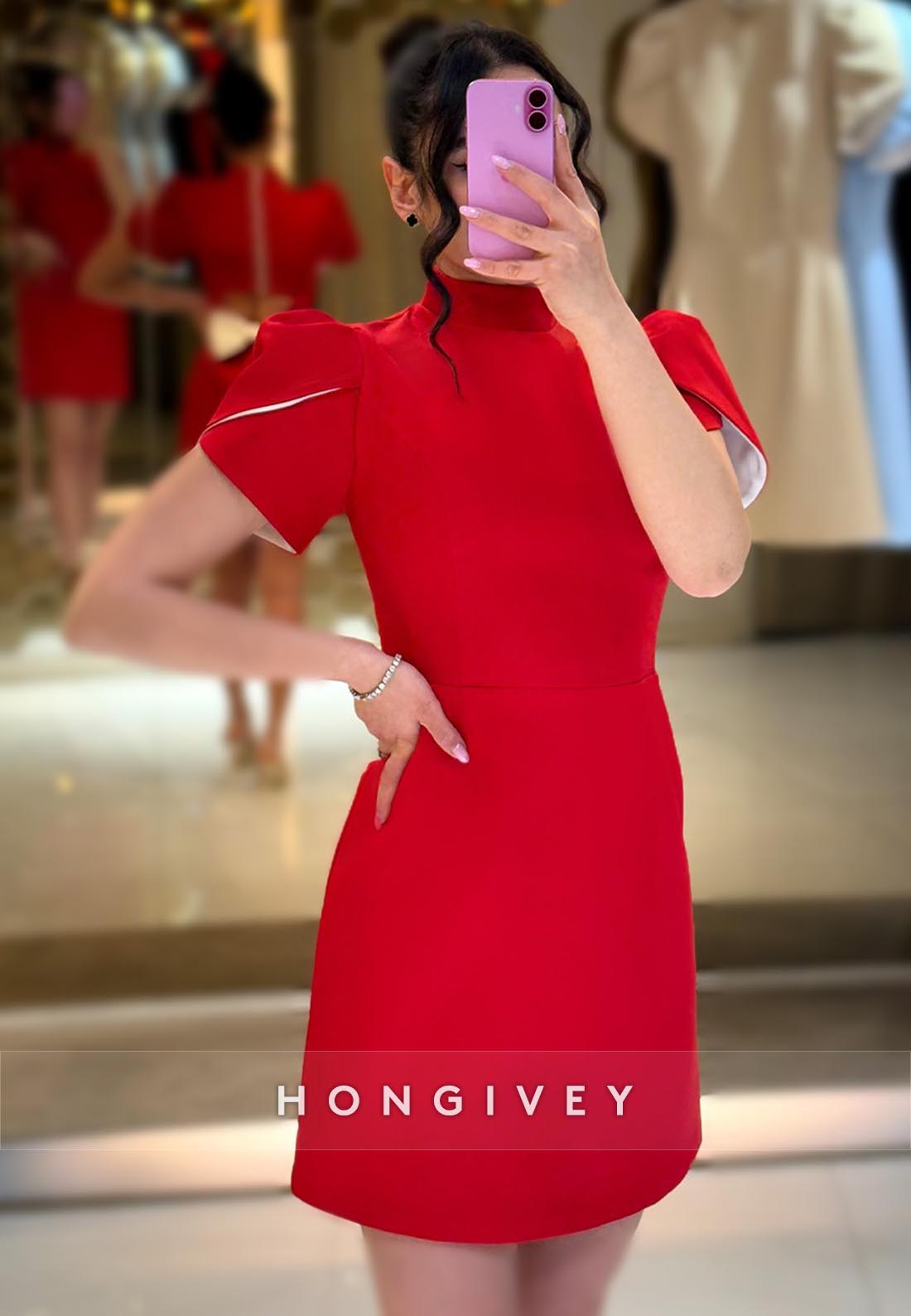 Bowknot Back Hole Sheath High Neck Short Sleeve Mini Party Dresses