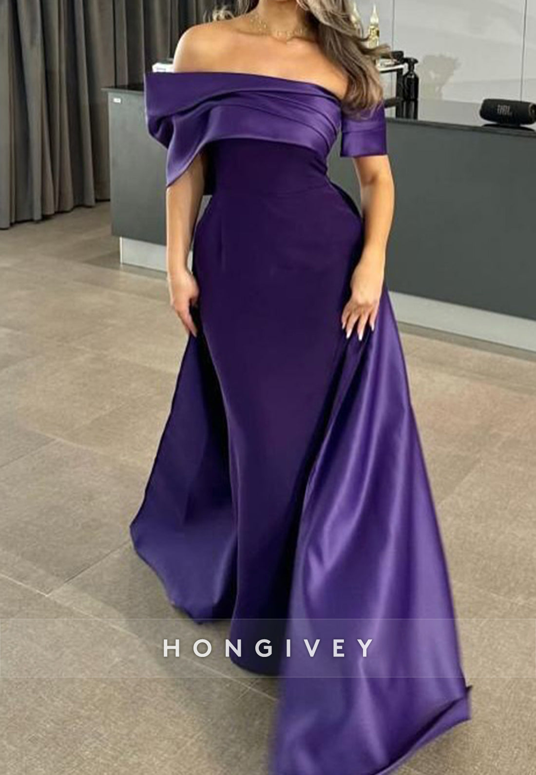 Regency Off the Shoulder Court Train Sheath Pleated Evening Gown