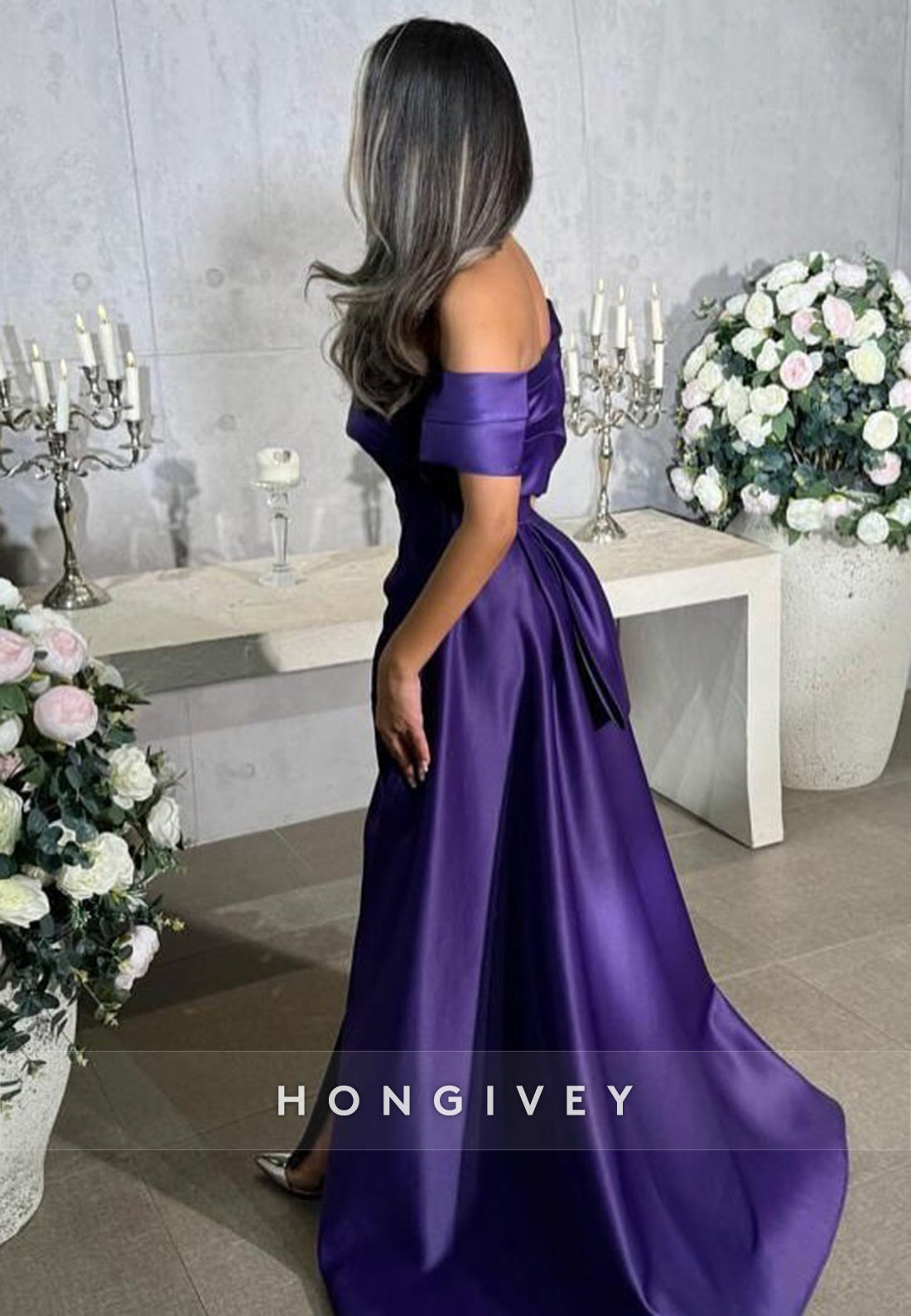 Regency Off the Shoulder Court Train Sheath Pleated Evening Gown