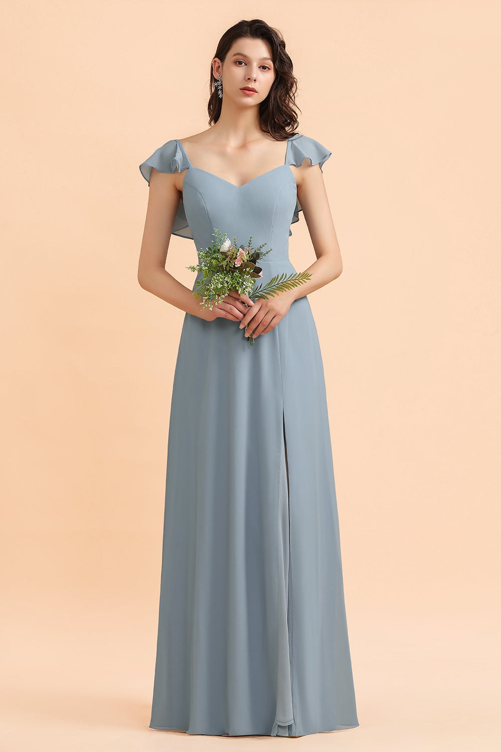 Fashion Dusty Blue Chiffon Sweetheart Slit Bridesmaid Dresses with Ruffles - Fashionpara