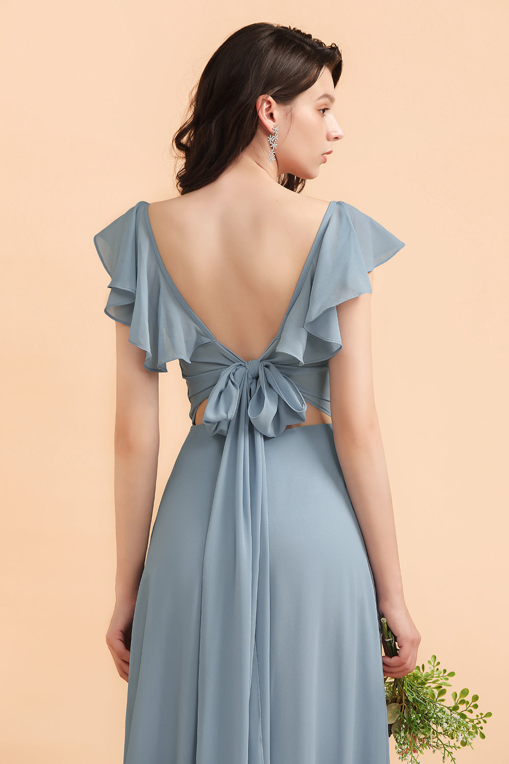 Fashion Dusty Blue Chiffon Sweetheart Slit Bridesmaid Dresses with Ruffles - Fashionpara