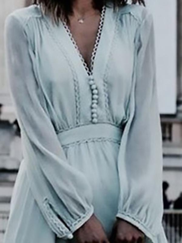 Chiffon V-Neck Long Sleeve Ruffle Hem Midi Dress