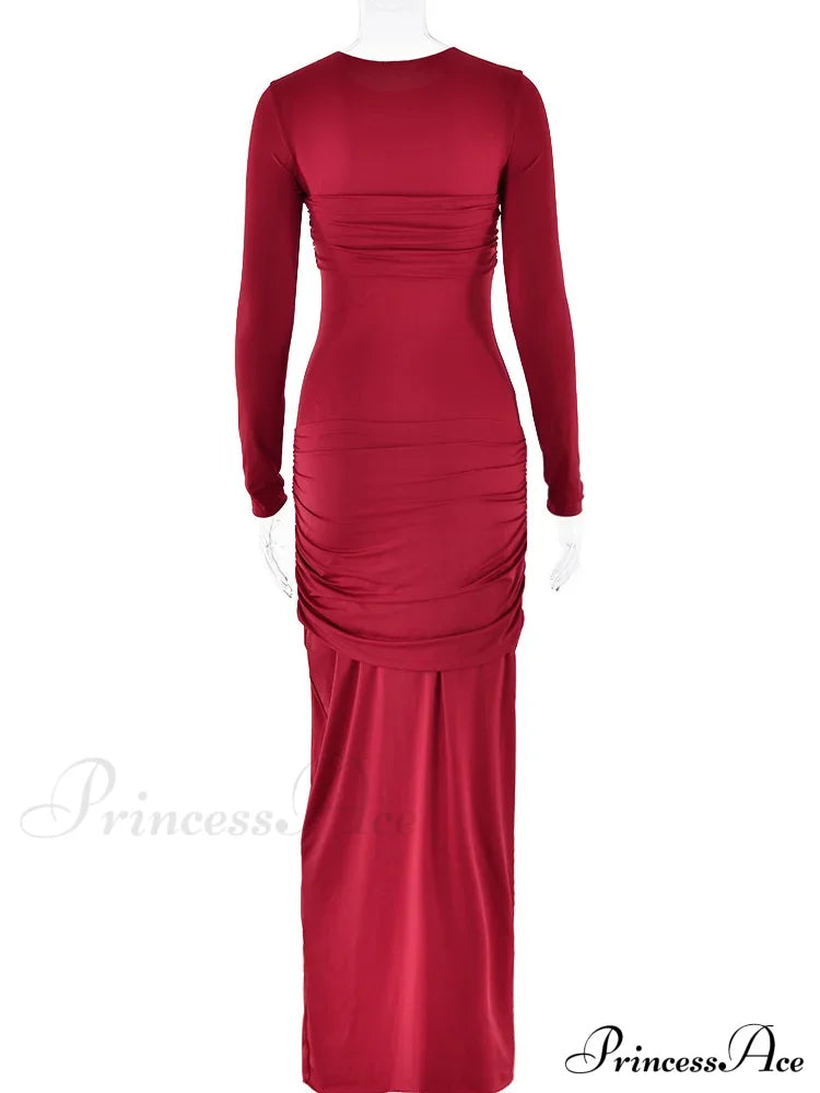 Fashion O-neck Long Sleeve High Waist Bodycon Red Christmas Party Dress