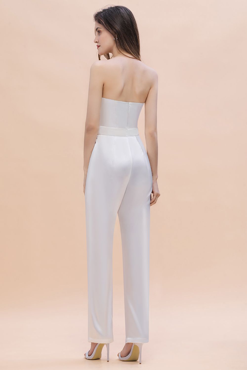 Fashion Strapless Satin Sleeveless Bridesmaid Jumpsuit with Beading Flowers On Sale - Fashionpara
