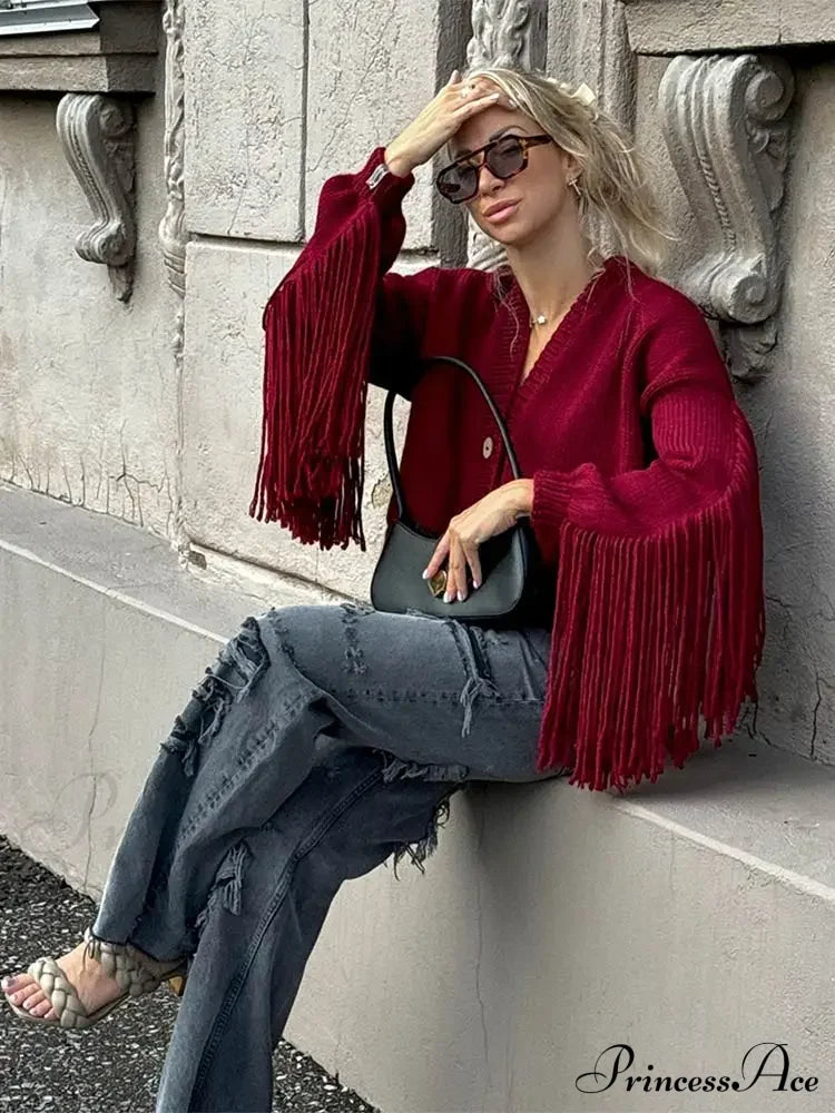 Fashion Tassels Patchwork Wine Red Knitted Cardigan Christmas Sweater
