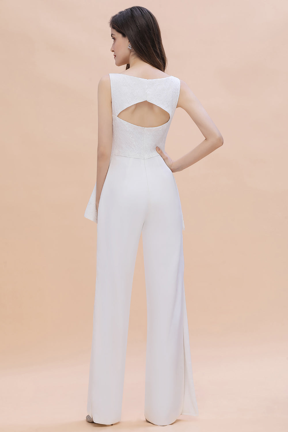 Fashion V-Neck Lace Side Slit Bridesmaid Jumpsuits with Hollowout On Sale - Fashionpara