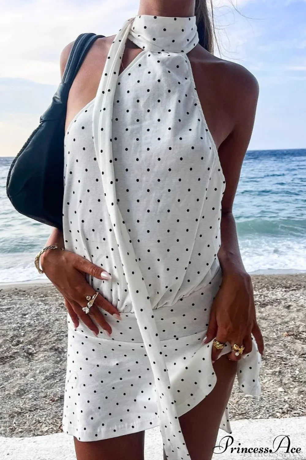 Fashionable Polka Dot Backless Halter Mini Dress