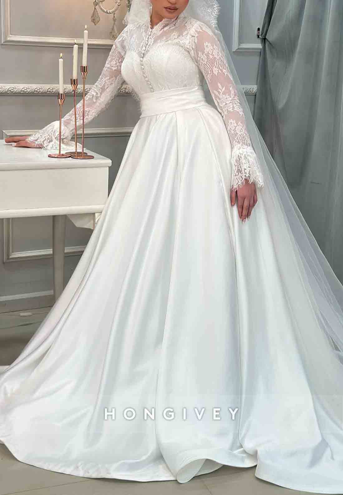 Long Sleeves Lace Satin Princess Pleated Empire Wedding Dresses