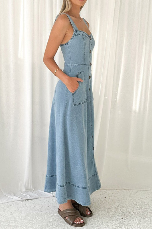 Denim Square-Neck Button-Front A-Line Maxi Dress