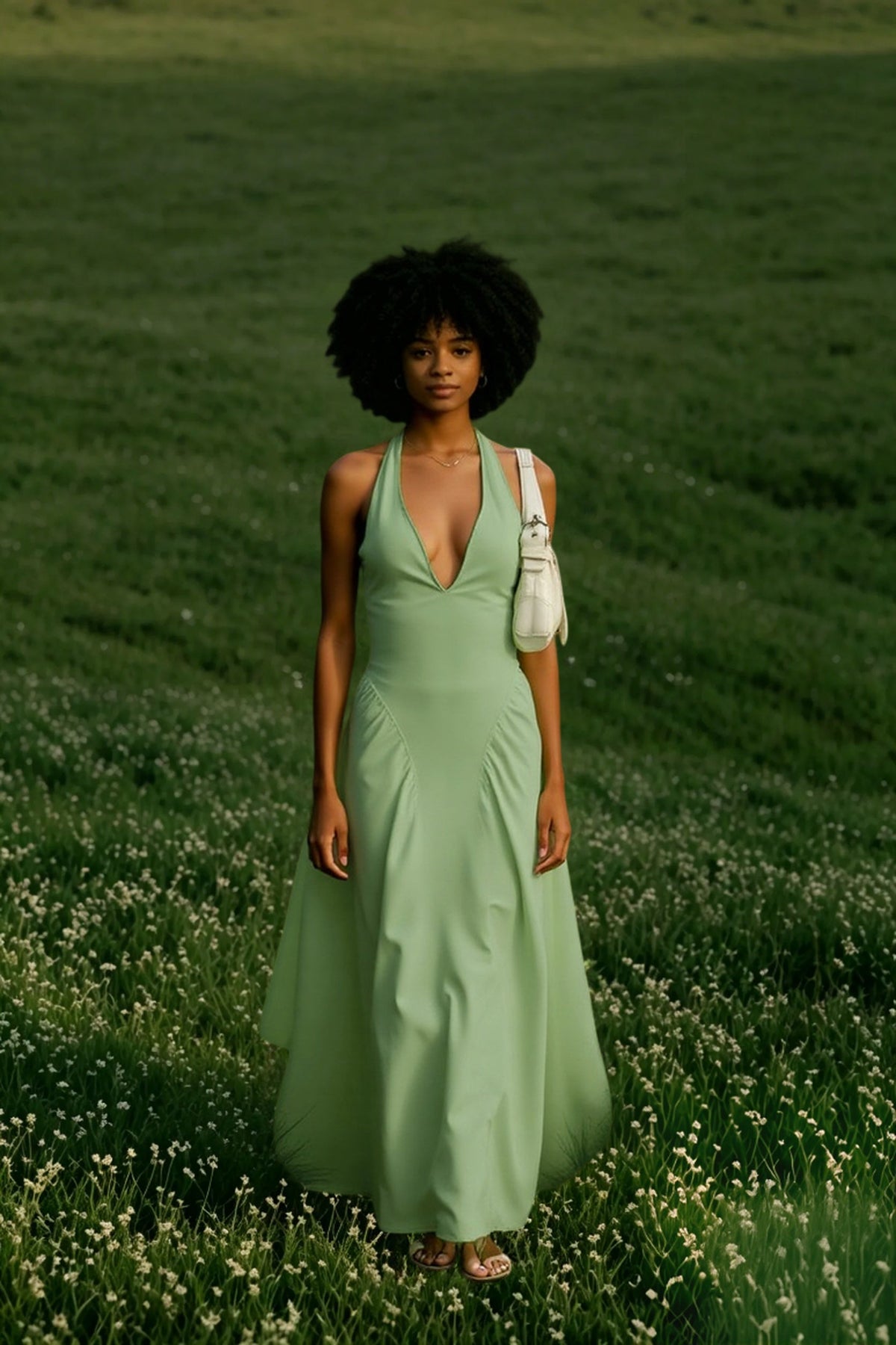 Cotton Plunge Halter Neck Fit-and-Flare Midi Dress