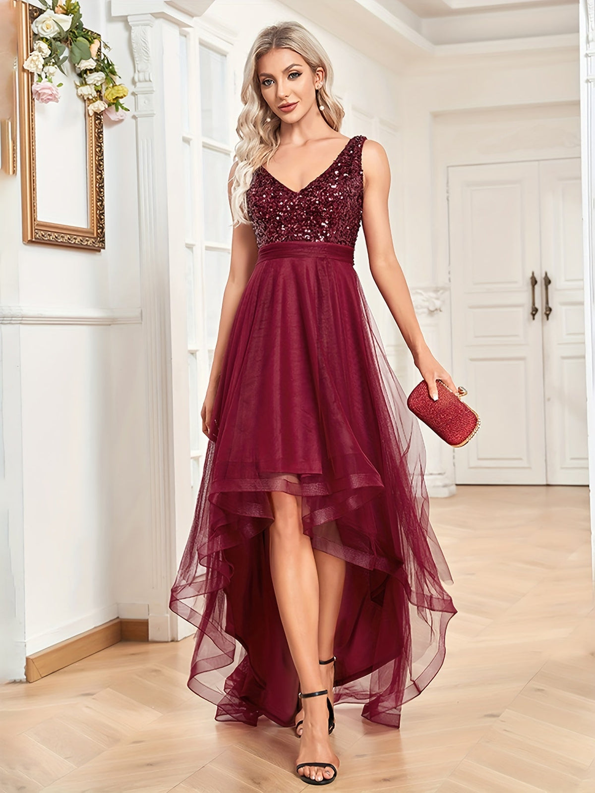 Sequin Bodice V-Neck Sleeveless Tulle Hi-Low Dress 3