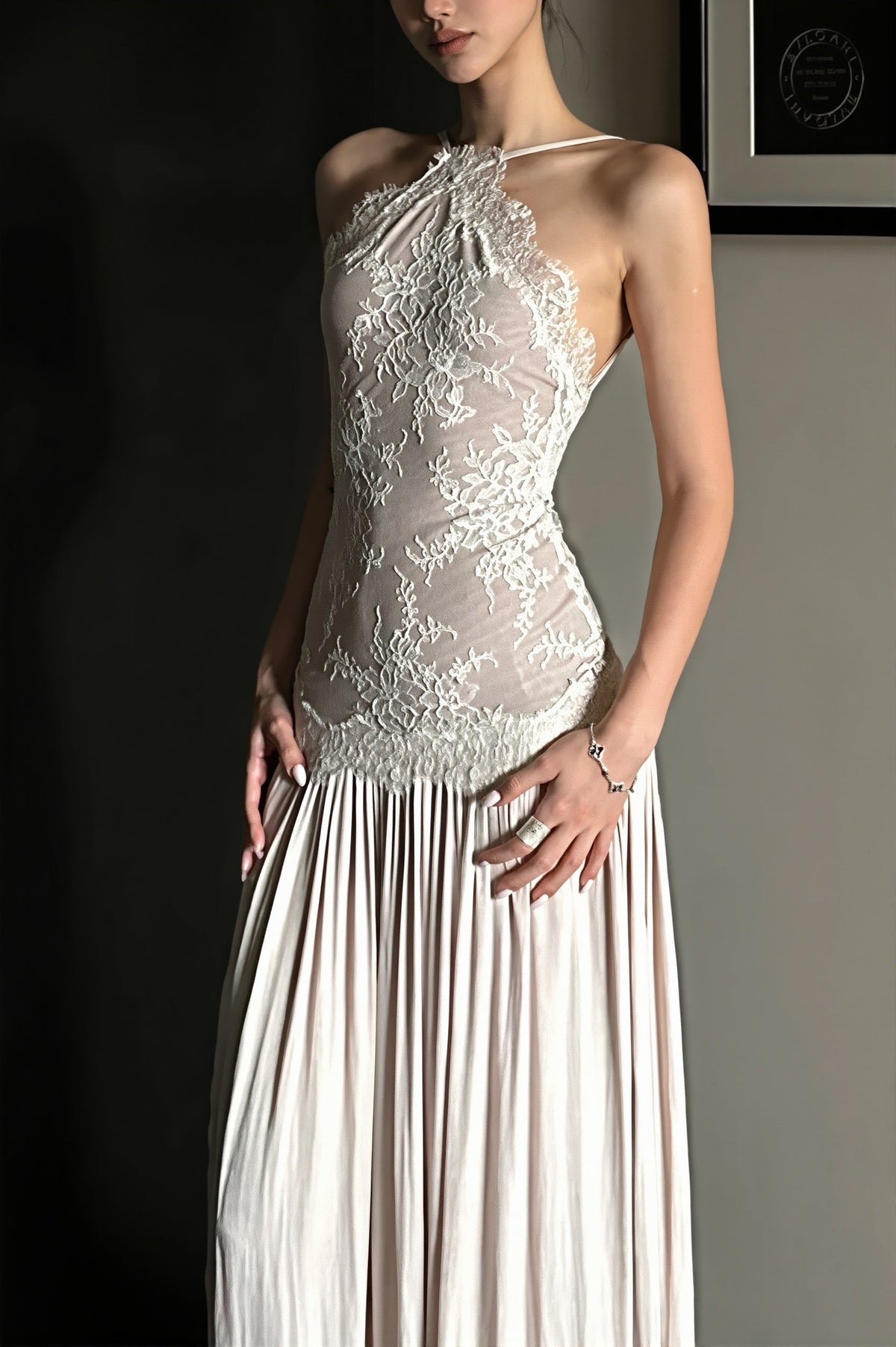 Lace Bodice Satin Halter Drop Waist Maxi Gown
