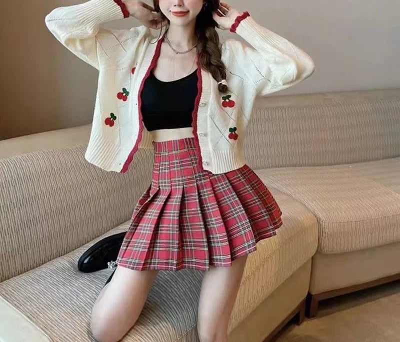 Sweet Cherry Button-Up Patchwork Knit Cardigan