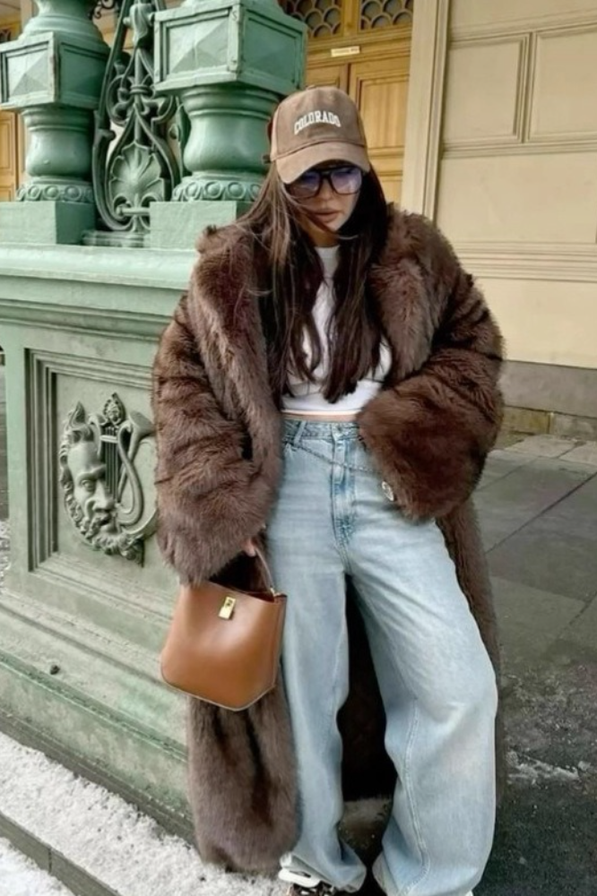 Retro Faux Fox Fur Notched Lapel Long Overcoat - Fashionpara