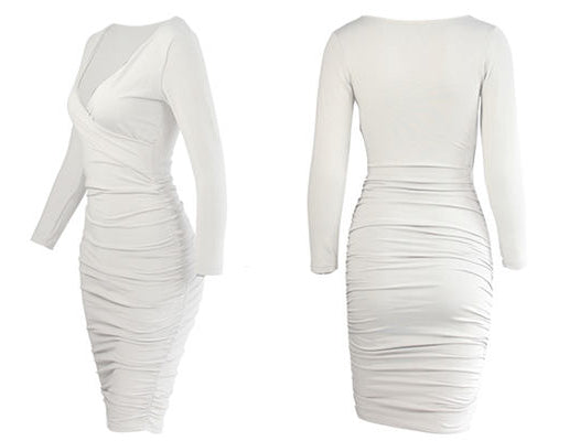 Deep V-Neck Long Sleeve Ruched Bodycon Midi Dress - View 8