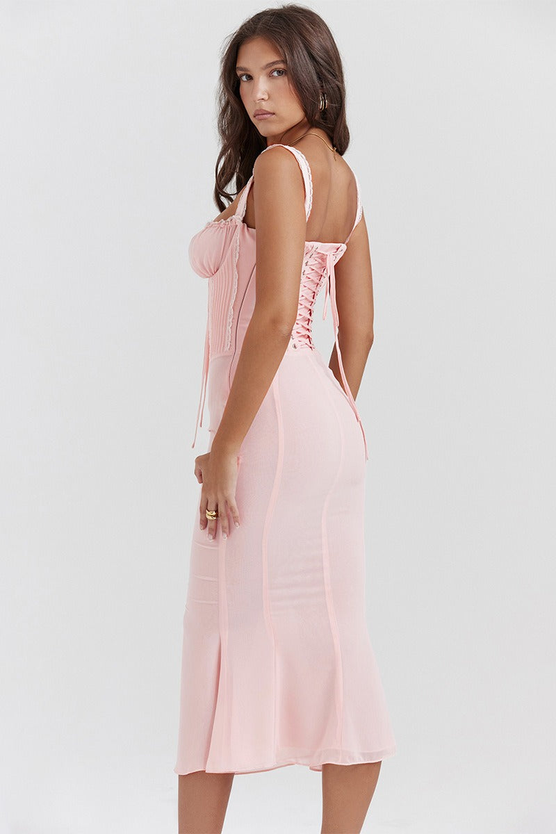 Sweetheart Corset Lace Trim Mermaid Midi Dress
