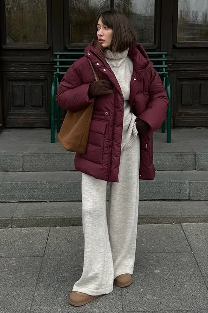 Wine Red Belted Hooded Puffer Coat