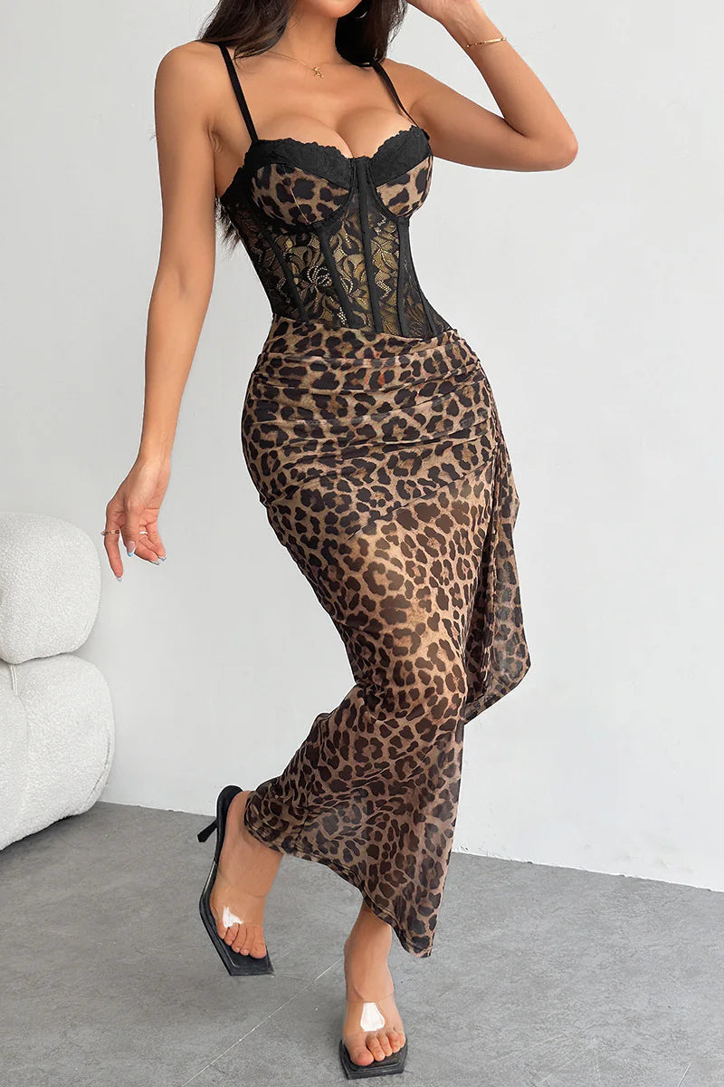 Wild Leopard Print Lace Cami Bodycon Maxi Dress