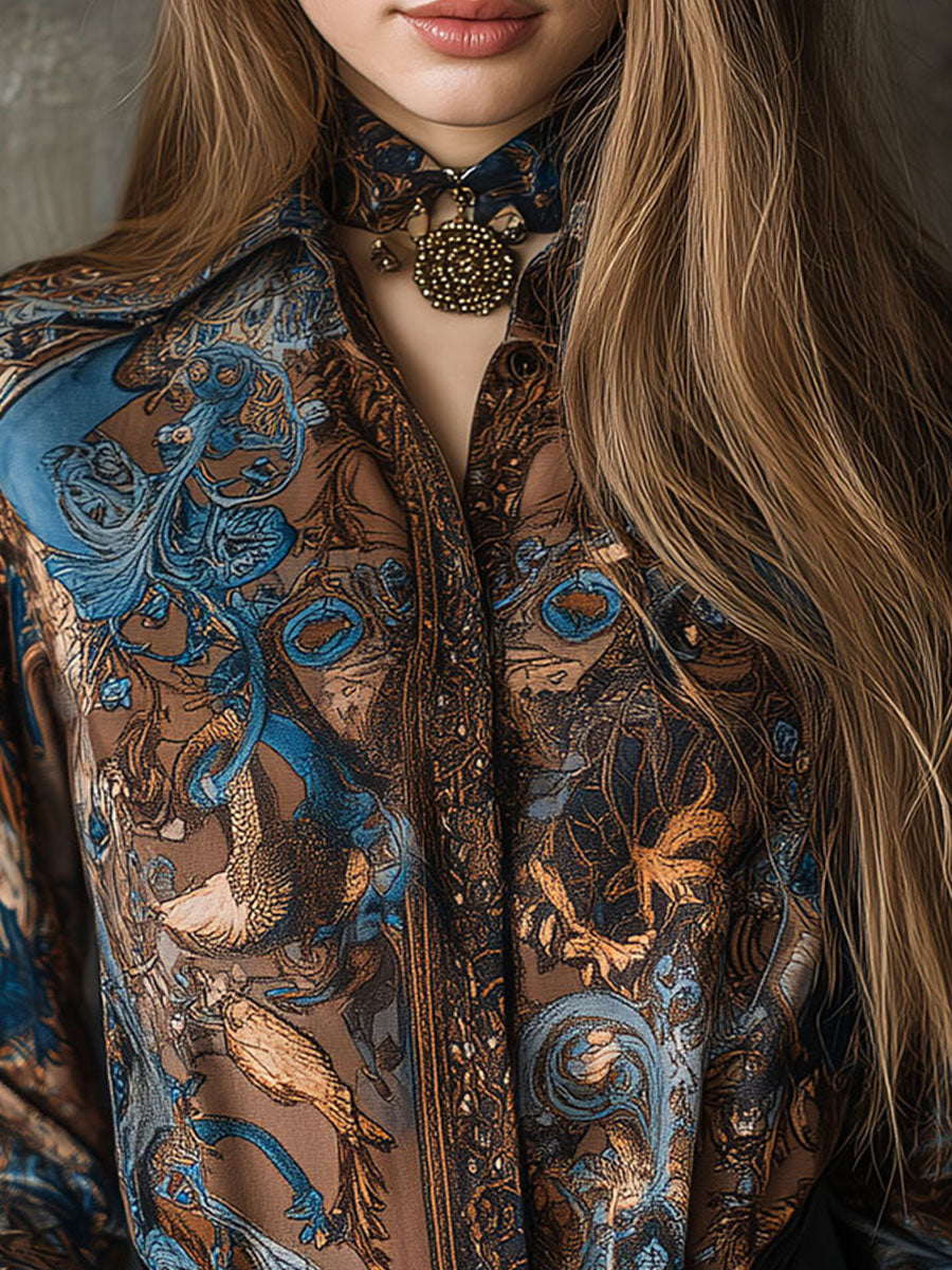 Vintage Baroque Print Brown & Blue Long Sleeve Blouse - Fashionpara