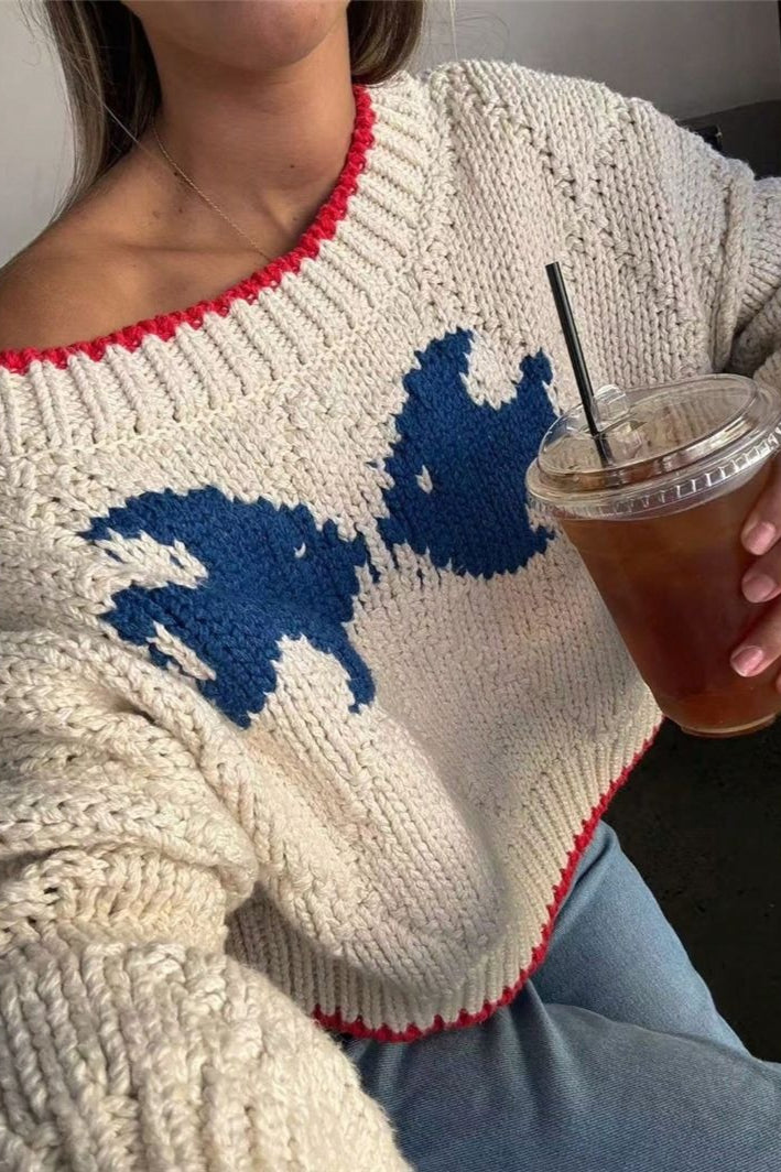 Puppy Graphic Contrast Trim Knit Sweater
