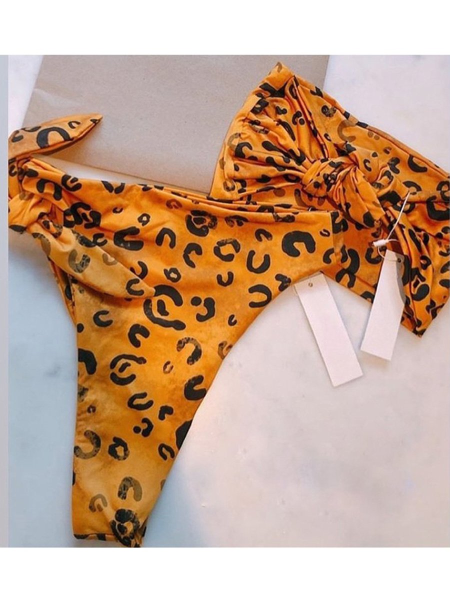 Knotted Leopard High Waist High Leg Bandeau Two Pieces Swimsuit - Fashionpara