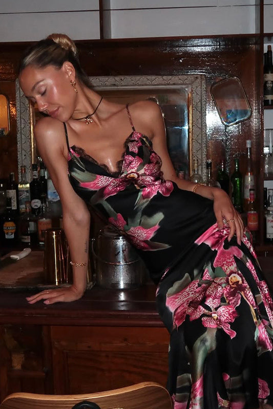 Vintage Floral V-neck Cami Bodycon Maxi Dress