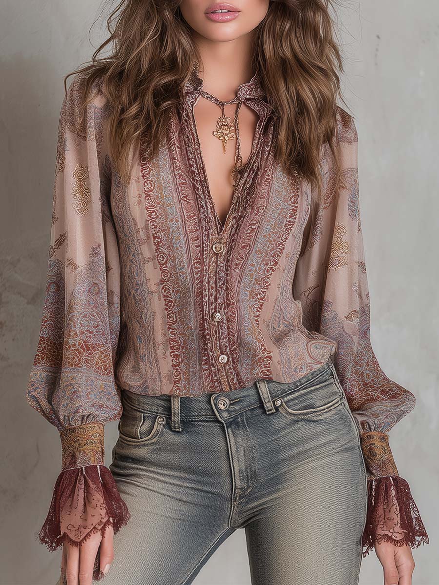 Boho Paisley Sheer Blouse With Lace Cuffs - Fashionpara