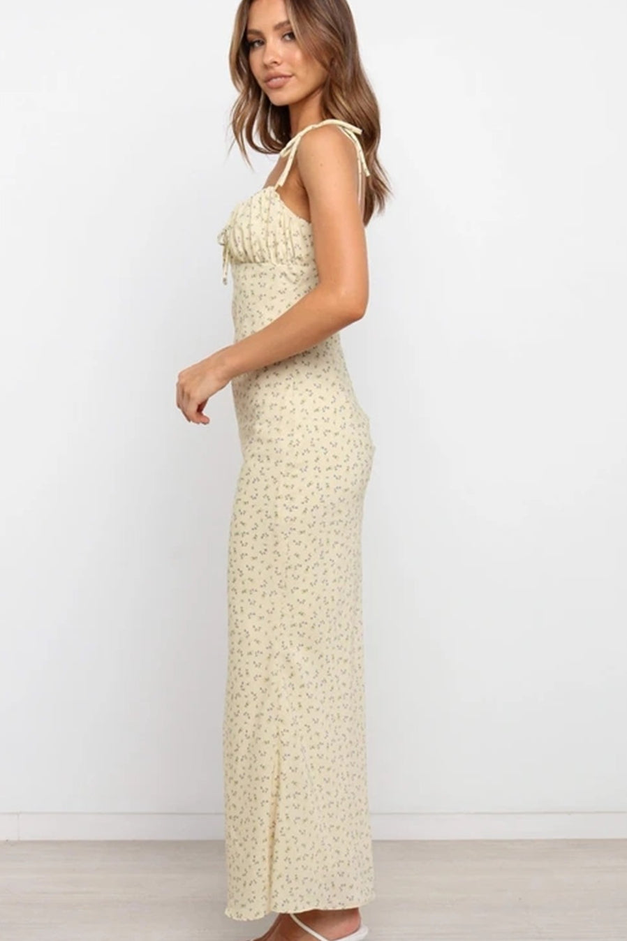 Floral Print Tie-Front Ruched Bodycon Maxi Dress