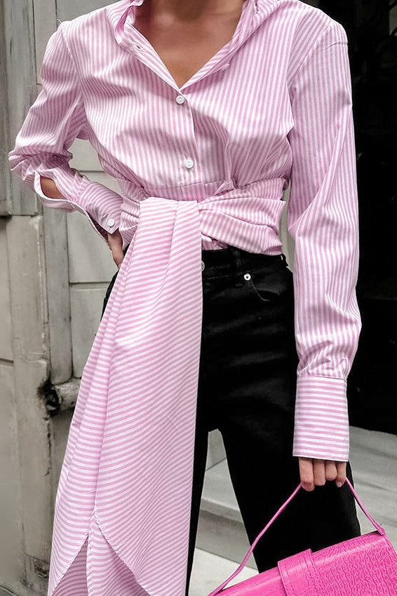 Striped Long Tie Neck Blouse - Fashionpara