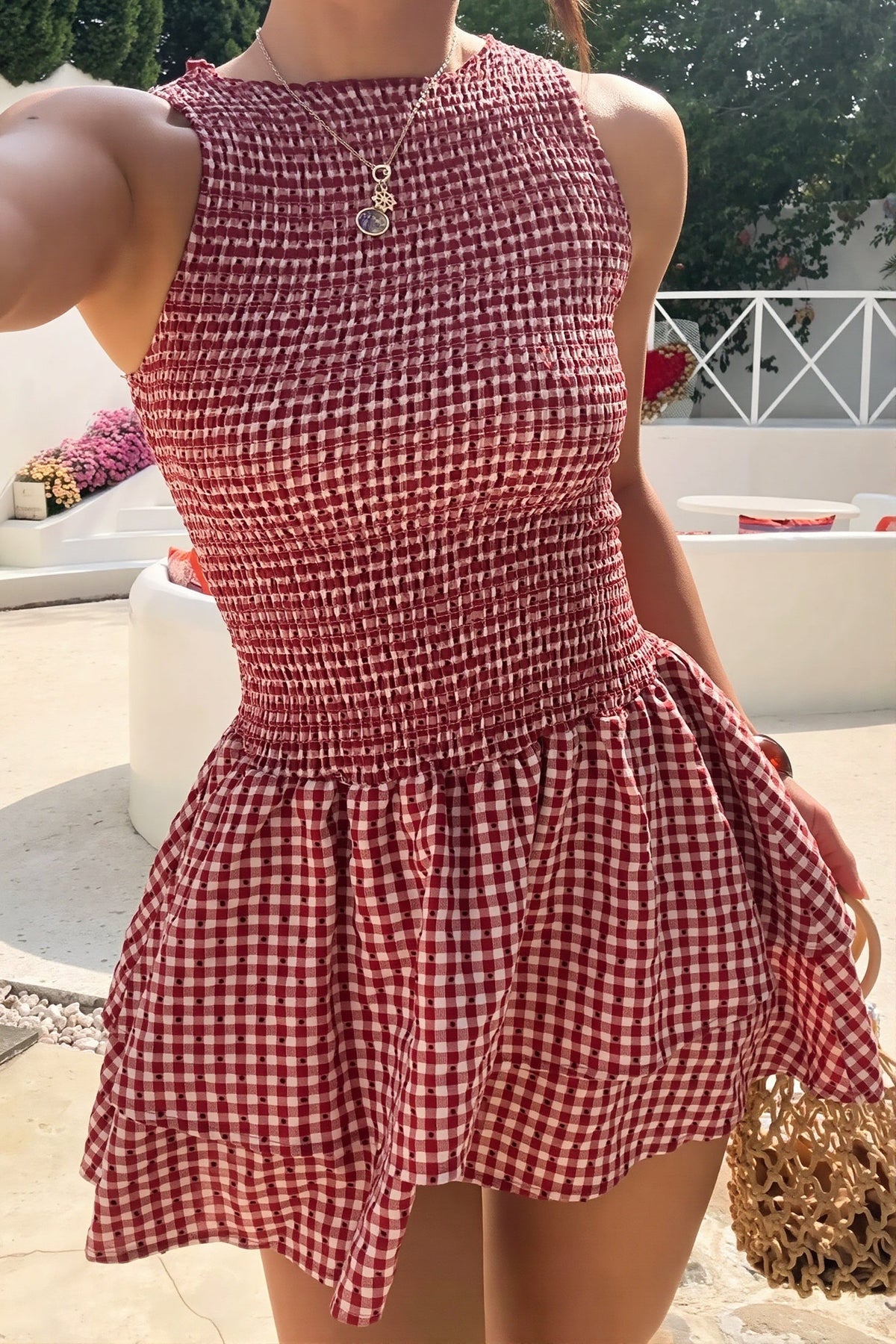 Gingham Shirred Tiered Fit and Flare Mini Dress