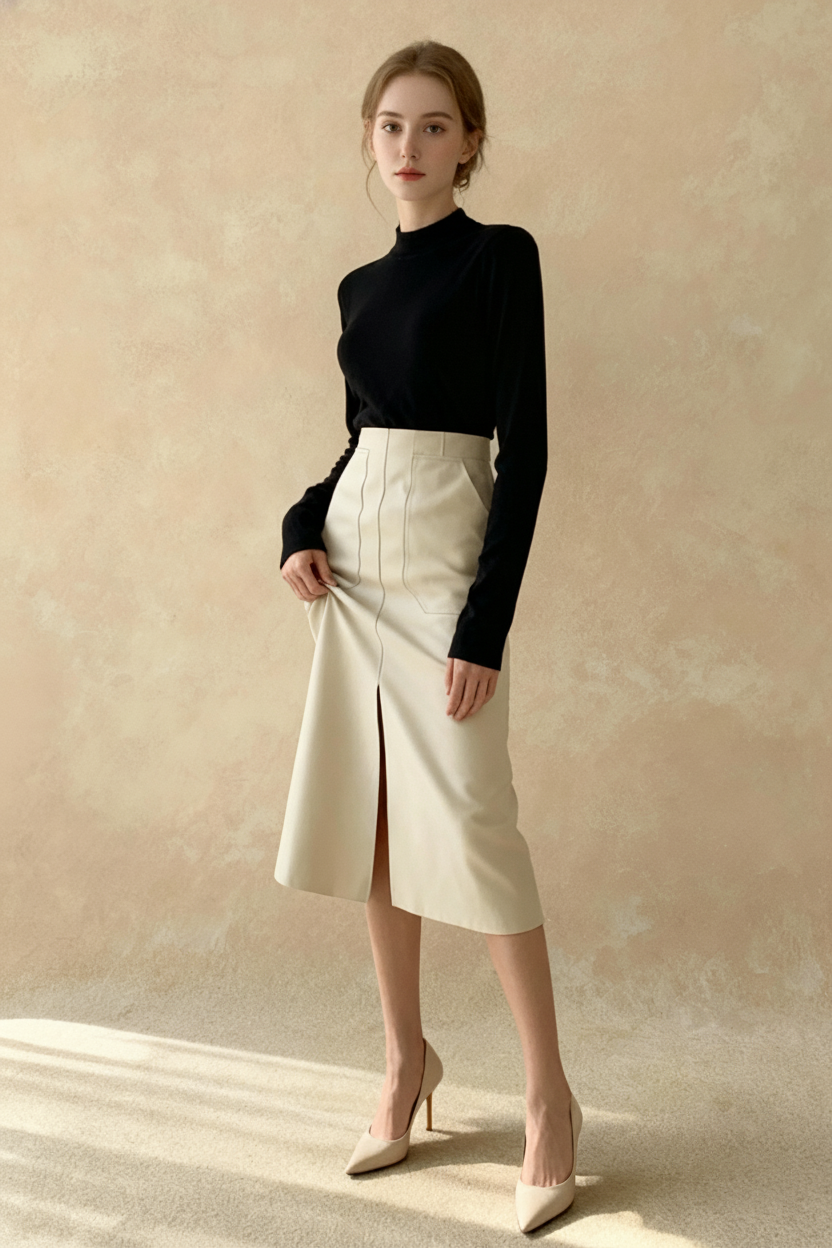 Fall Winter Chic Split Design Slim Straight Faux Leather Skirt