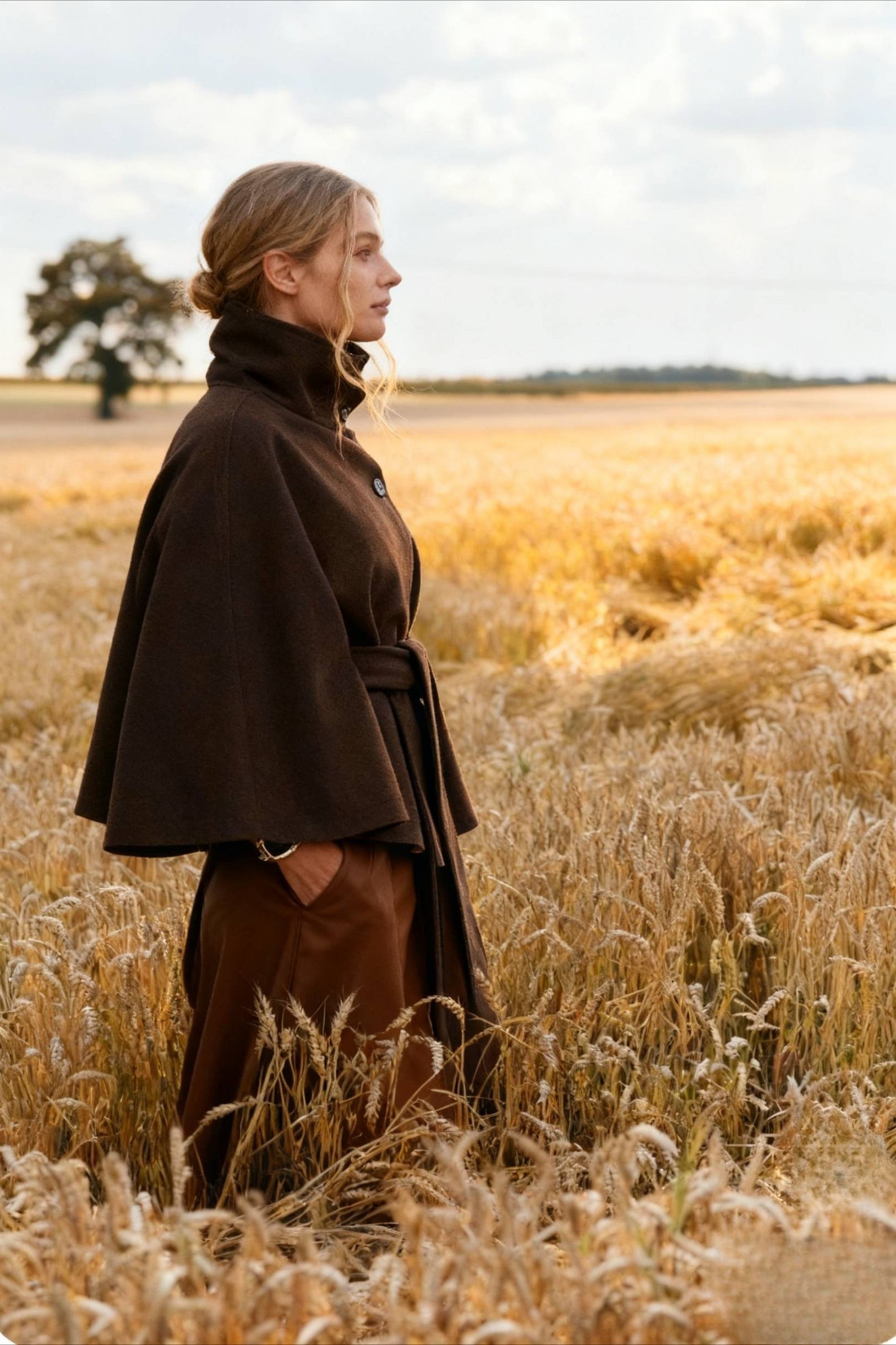 Button Up Stand Collar Cape Coat - Fashionpara