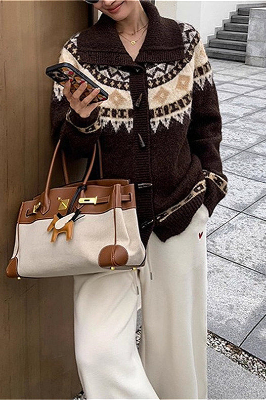 PrincessAce Retro Jacquard Collar Loose Knit Cardigan