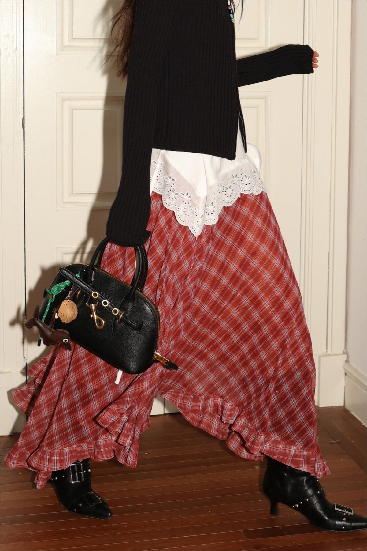 Plaid Asymmetric Ruffle Midi Skirt