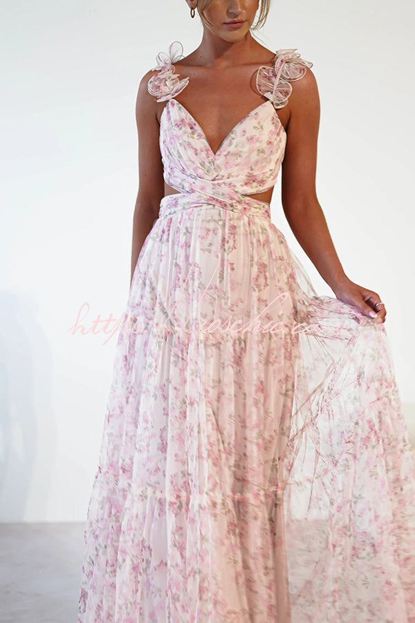 Garden Fairy Tulle Floral Ruffle Detail Cutout Waist Back Tie-up Maxi Dress - Fashionpara
