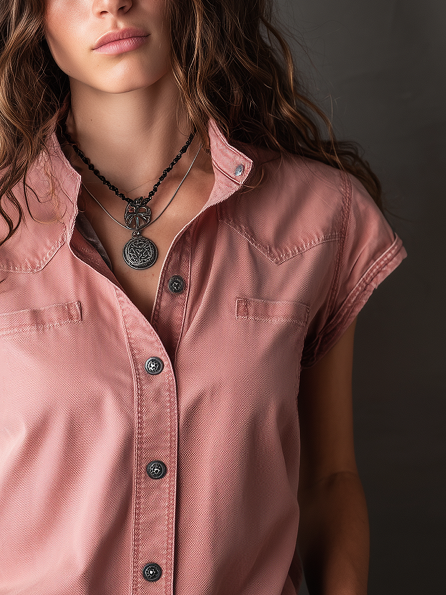 Vintage Crew Neck Short Sleeve Denim Blouse - Fashionpara