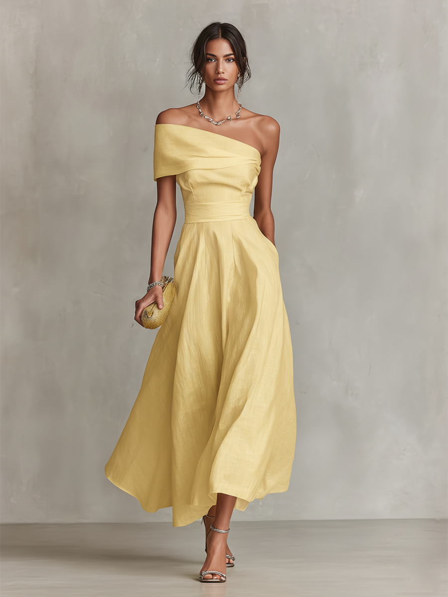 One Shoulder Pleated A-Line Midi Dress 2