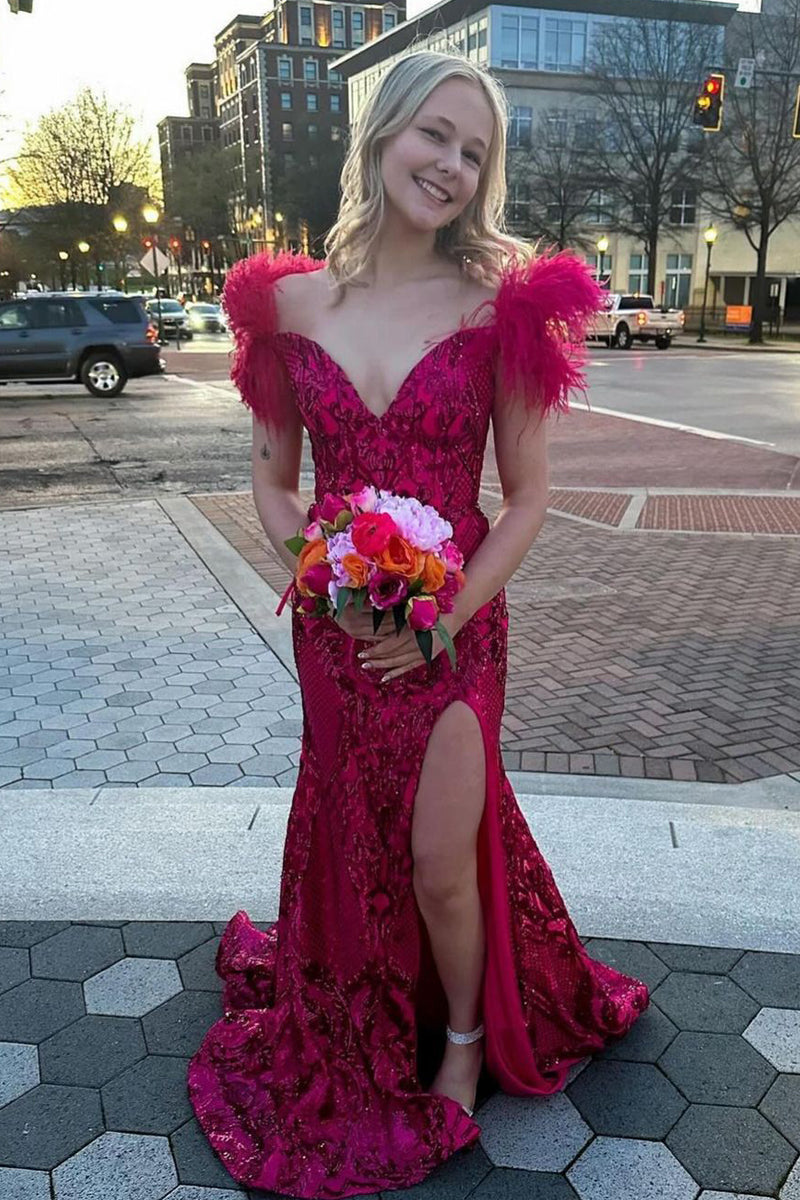 Sweetheart Sheath Prom Dress Sleeveless Slit Feather Evening Dress with Train