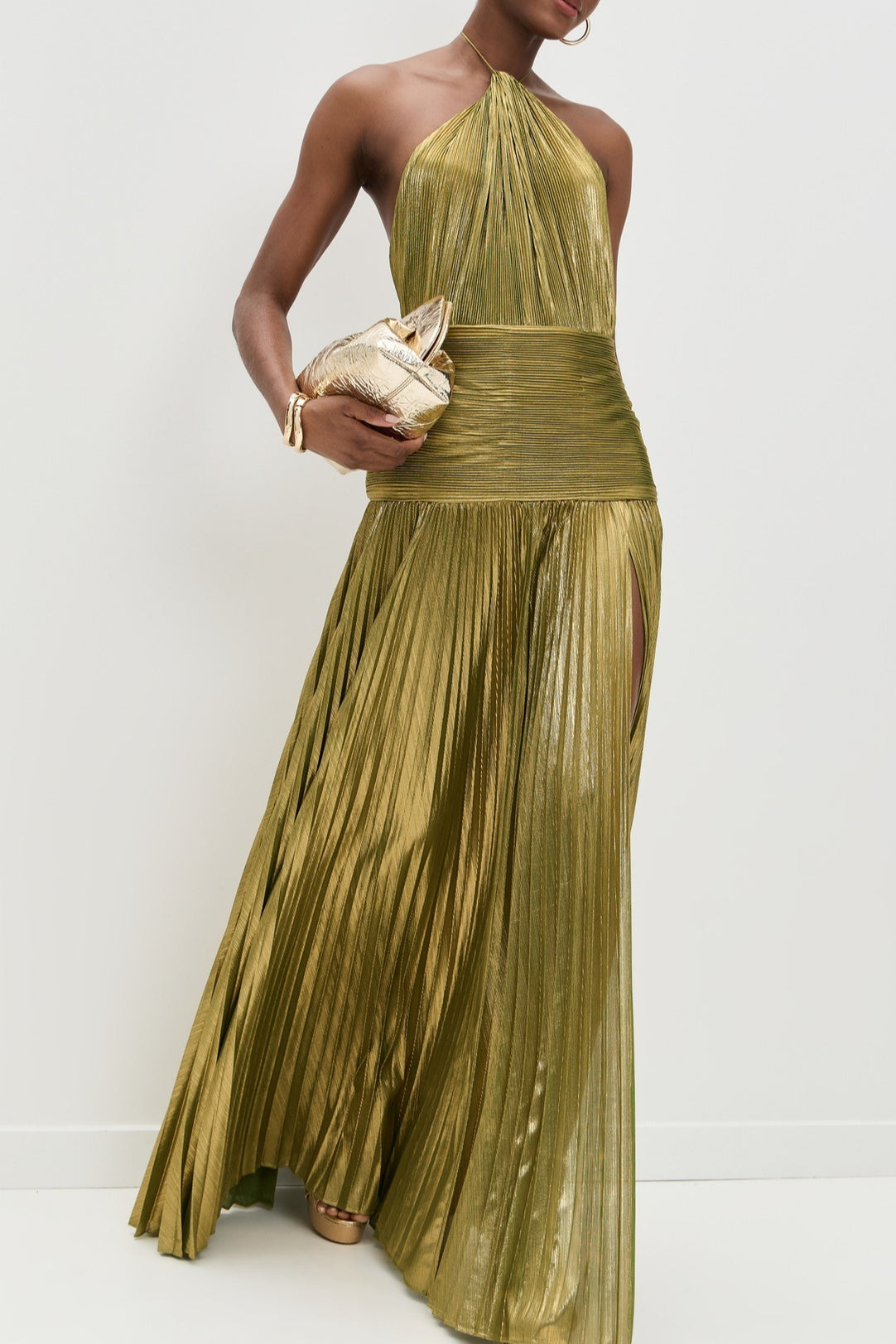 Metallic Pleated Halter Neck High Split Gown