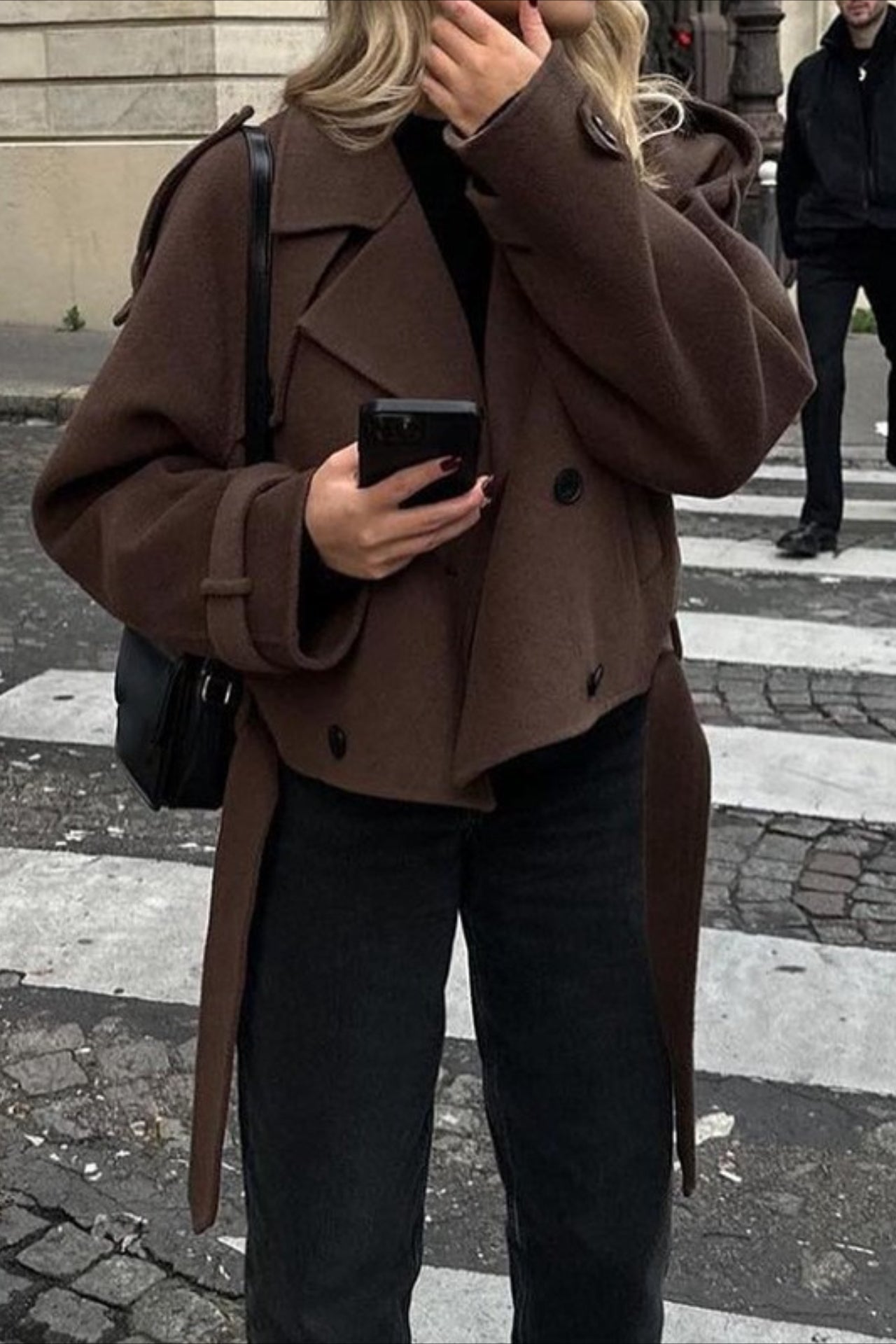 Wide Lapel Belted Cropped Wool Coat - Fashionpara