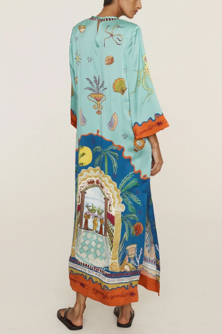 Satin Unique Print Long-sleeve Tie-waist Slit Maxi Dress - Fashionpara