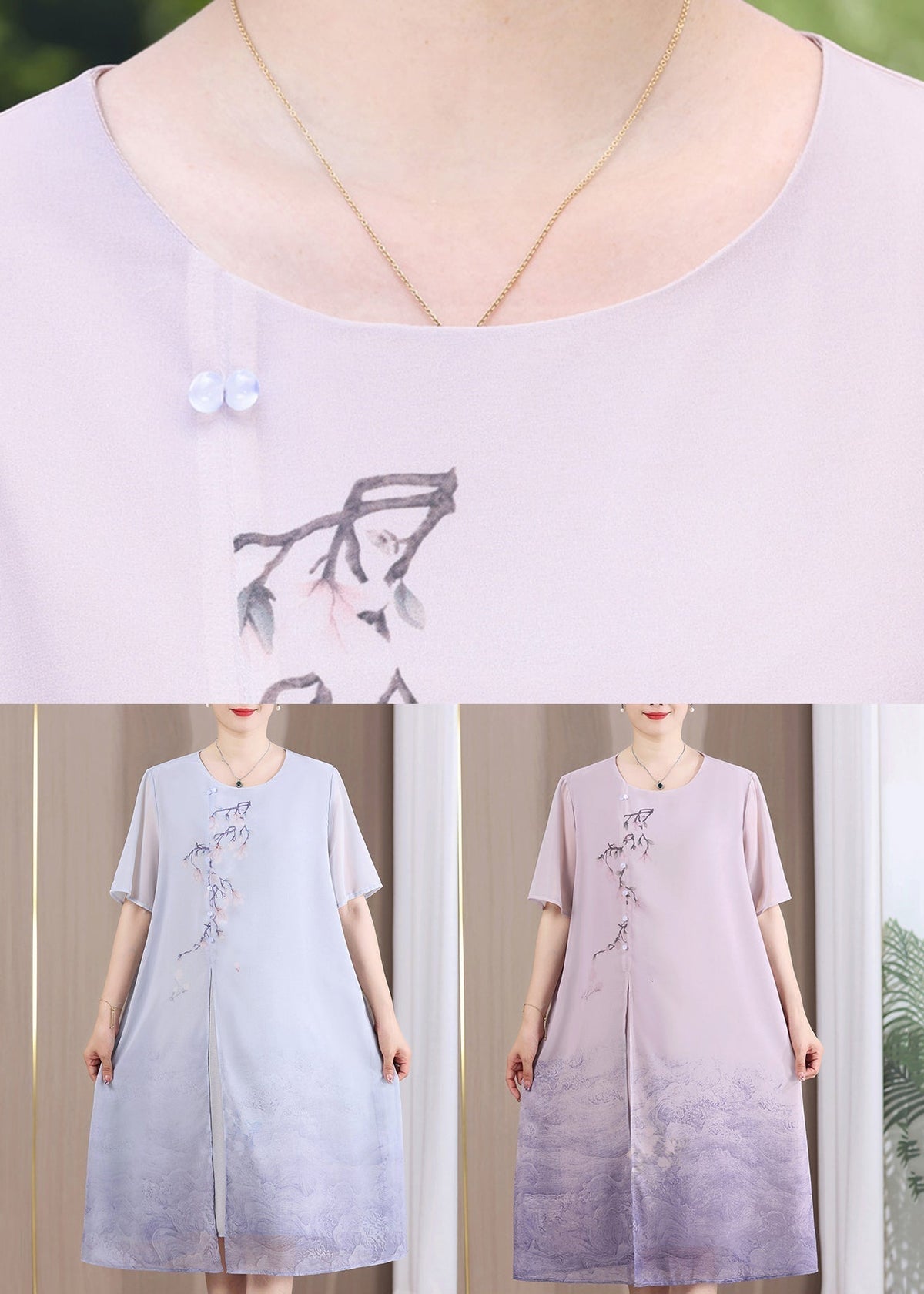 Floral Embroidery Asymmetrical Toggle Button Short Sleeve Ombre Wave Hem Midi Dress - View 5