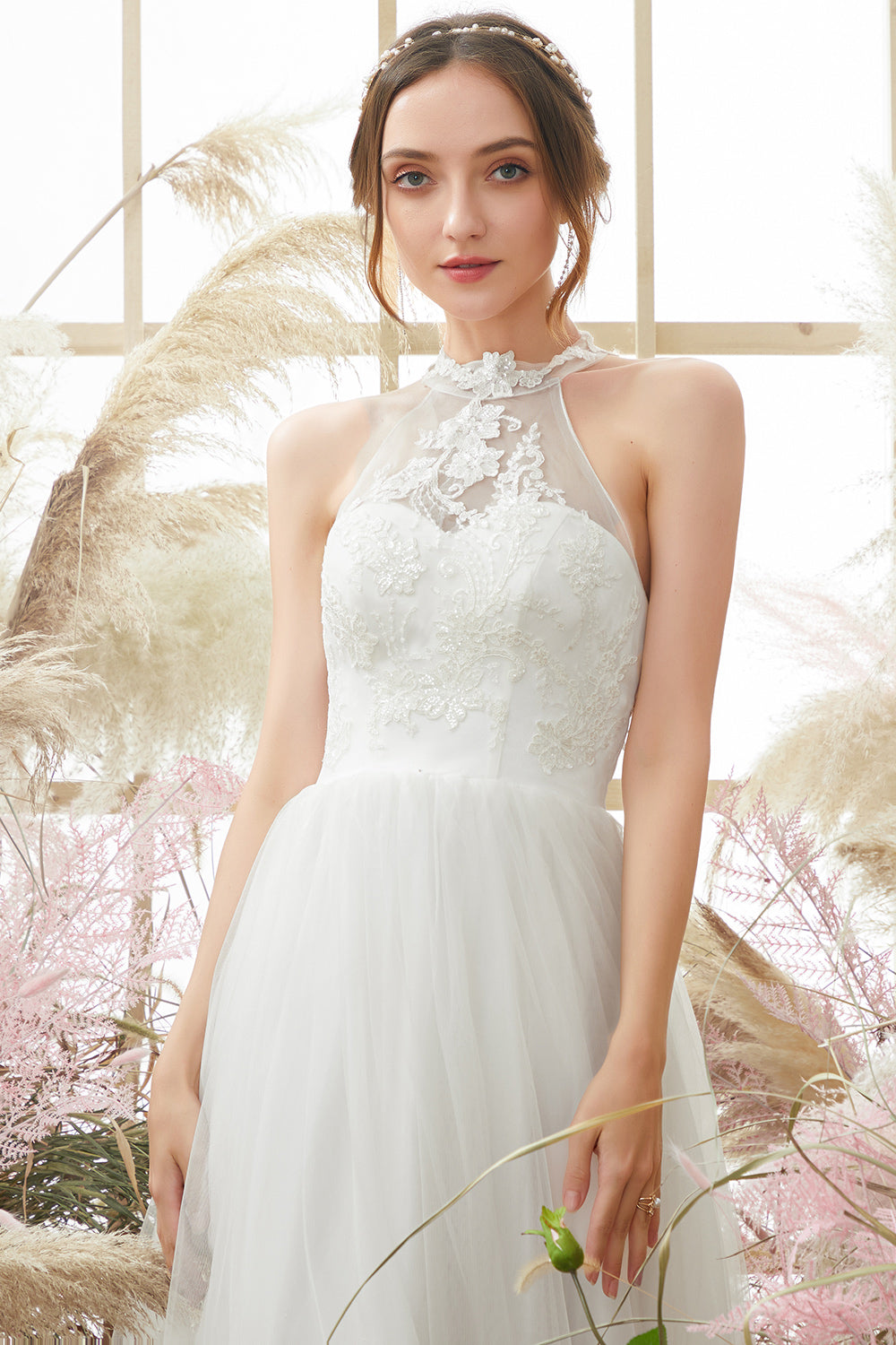 White Halter Neck Wedding Dress - Fashionpara