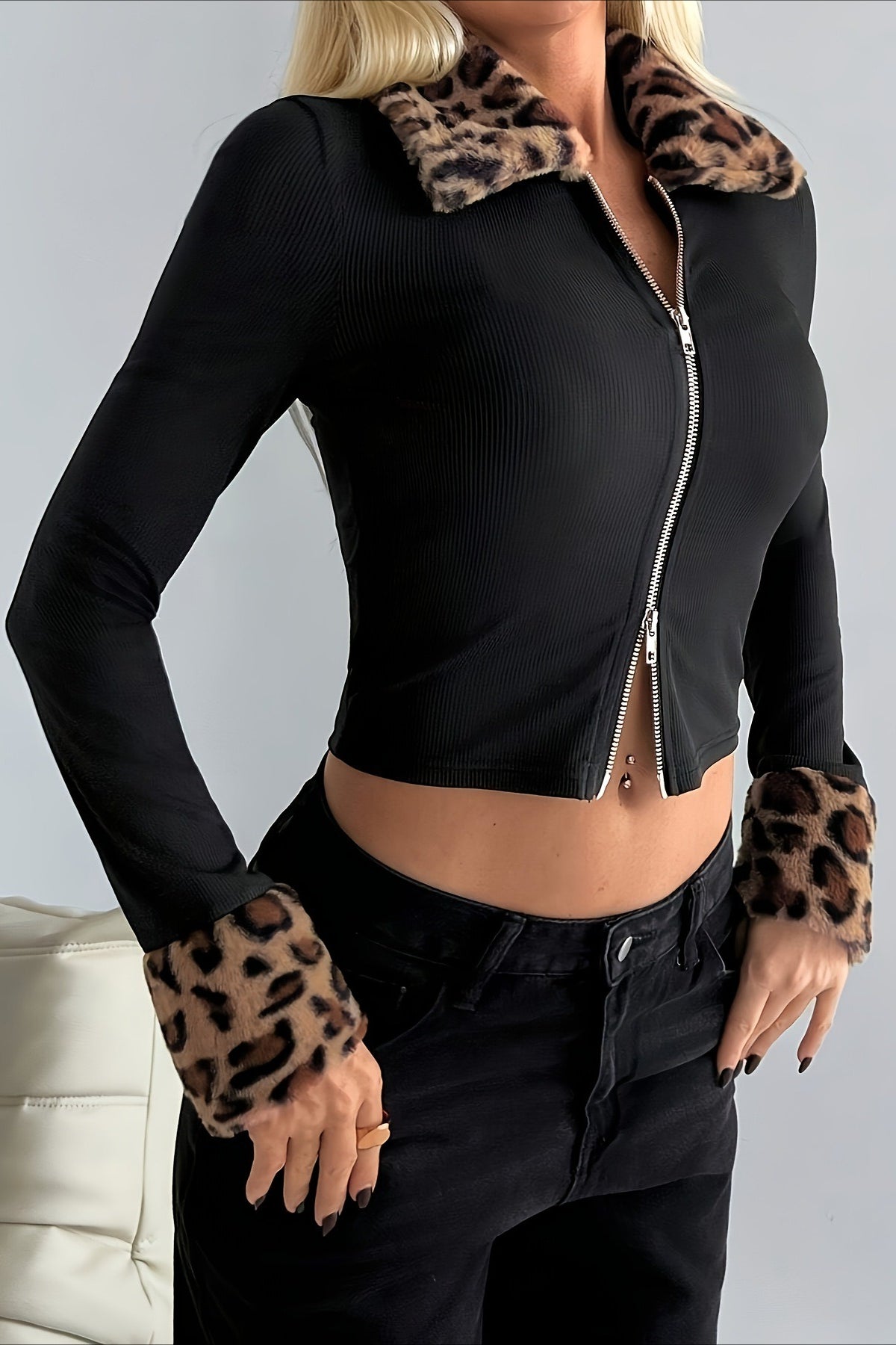 Fur Collar Leopard Print Double Zipper Knit Coat for Elegance