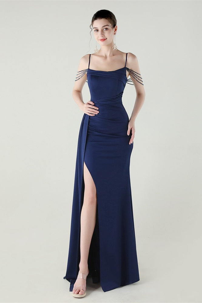 Satin Spaghetti Strap Ruched High Slit Mermaid Gown 18