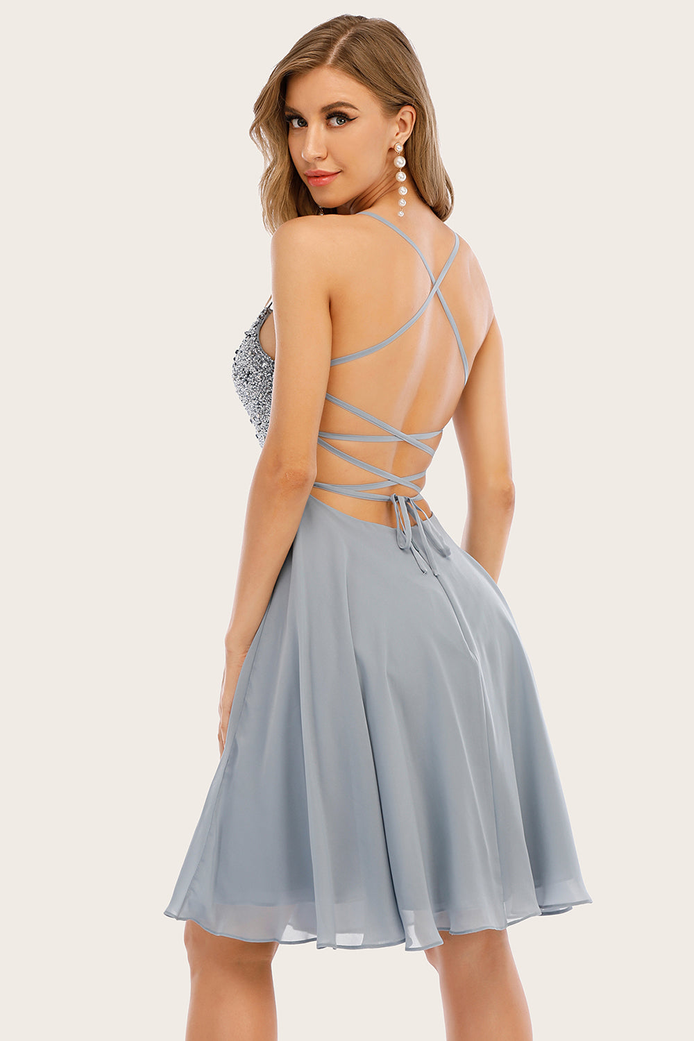 Grey Beaded Short Homecoming Dress - Fashionpara