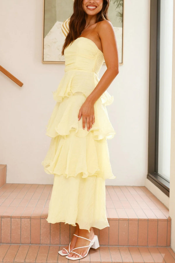 Pure Color Sexy Tube Top Backless Multi-layered Maxi Dress - Fashionpara